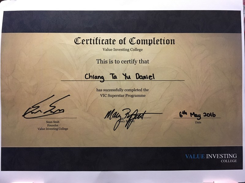 Value Investing College 結業證書